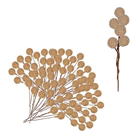 100pcs Christmas Artificial Frosted Fruit Berry,1.4cm Gold Artificial Berry Twig Stem Berry Fruits Picks Winter Berries Bunch for Christmas Wreath Making Xmas Tree Decorations Supplies Cover