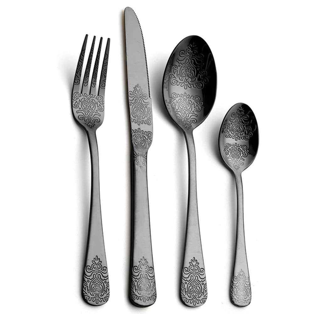 24-teiliges Vintage-Besteck-Set Edelstahl-Besteck-Silberbesteck-Set Antik-Titan-beschichtete Messer, Gabeln, Löffel-Besteck-Set (Color : 24PCS Golden) (24cs Black)