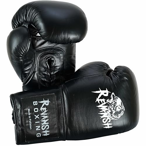 Revansh Sports Lace-Up Cowhide Leather Boxing Gloves – Premium Professional Gloves for Men & Women – Perfect for Training, Sparring, Muay Thai, and MMA (Black, 16 oz)