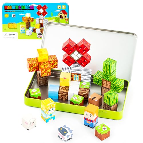 Tyholoo 45PCS Magnetic Blocks Travel Toys for Kids with Portable Iron Box, Mini Magnetic Cubes Toys for Airplane & Car Ride STEM Learning Gift Idea for Ages 3+（ Farm & Animals ）