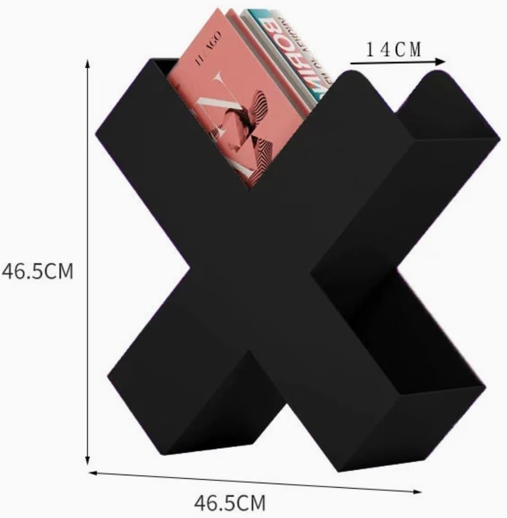 X-Shaped Magazine Rack and Bookshelf, Modern Minimalist Style, Metal, 18.3 x 18.3 x 5.5 Inches, Living Room/Office Storage (Black)