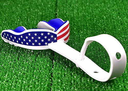 Image of Oral Mart American Flag Strapped Sports Mouth Guard (Ice Hockey, Football, Lacrosse, Taekwondo) - Mouthguard with Connected Strap for Football, Hockey, Lacrosse (with Free Case)