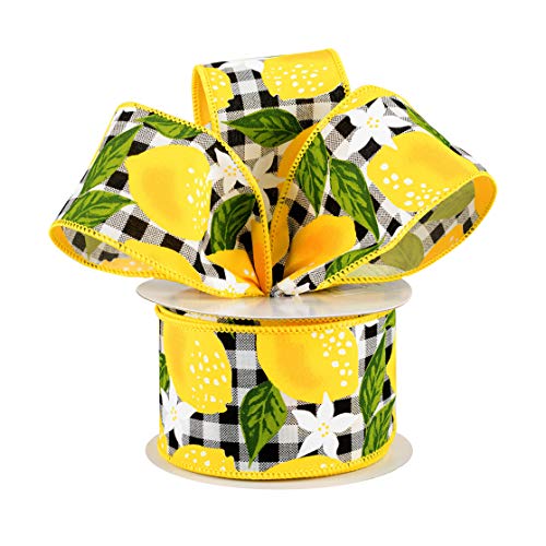 Image of Yellow Lemons Plaid Wired Ribbon - 2 1 /2 inch x 10 Yards, Black & White Checks, Spring Decor, Wreath, Gift Basket Decoration, Birthday, Picnic, Christmas, Mardi Gras, Easter