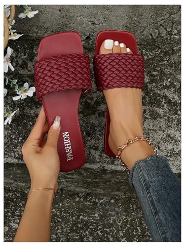 Women's Braided Flat Sandals Woven Square Open Toe Slip on Beach Slide Sandals2