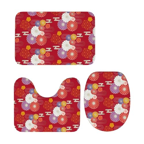 トイレマット 花柄 レッド 和風 菊 3点セット 足元マット 便座カバー マットフタカバー U型 O型 トイレ兼用 滑り止め おしゃれ バスマット 洗える 浴室 玄関 家庭用 ホテル用