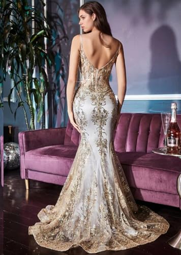 Fitted Floral Glitter Print Corset Gown Exquisite Mermaid Evening Dress V Neck Sleeveless Prom Dress with Sequin 20253