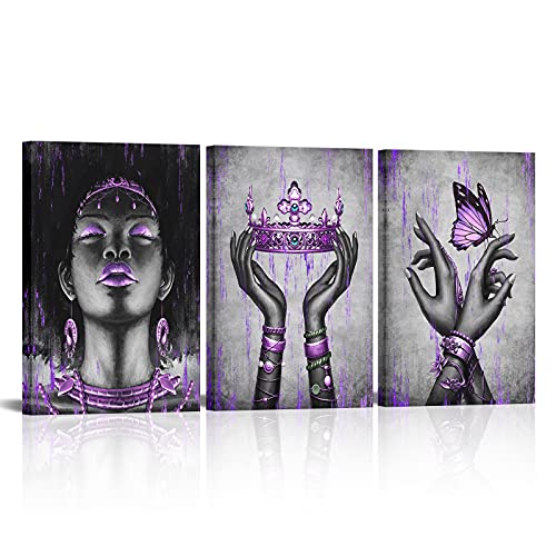 Image of Kalormore Black American Woman Canvas Wall Art Giclee Prints Elegant Woman with Purple Queen Crown Butterfly Painting Picture Artwork for Girl Bedroom Living Room Office Decoration