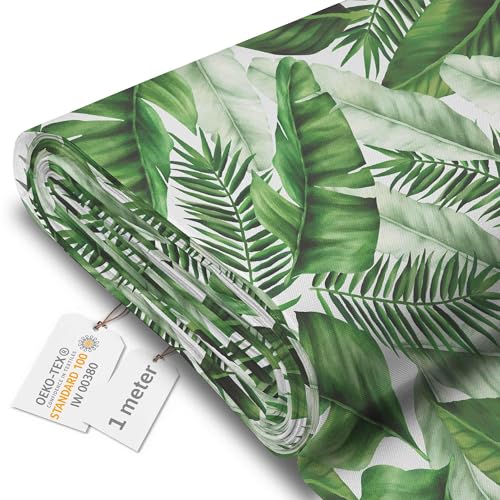 DreamRoots Tissu imperméable extérieur au metre 160 cm Largeur - Toile exterieure impermeable 100% de polyester 600D 220g/m - Tissus au metre ameublement Big Leaves 1M