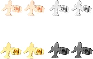4 Pairs Minimalist Tiny Airplane Stud Earrings Stainless Steel Dainty Cute Aircraft Origami Plane Cloud Small Earrings for Women Men BFF Flight Attendant Aviation Traveler Hip Hop Fashion Jewelry
