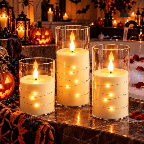 Da by 3 Stück Elfenbein LED Kerzen mit Feenlichtkette, Realistische Flackerflamme, Fernbedienung… – Ansicht 5