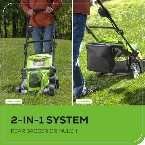 Image of Greenworks 48V (24V x 2) 17 inch Brushless Mower+12 inch String Trimmer +320CFM Blower,(2) 4.0Ah Batteries and 2A Dual Port Charger