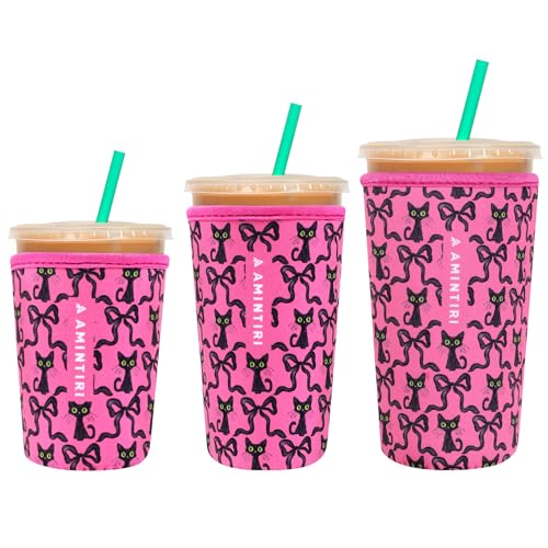 Image of 3 Pack Reusable Sleeve for Iced Coffee Cup, Coffee Neoprene Sleeve for Iced&Hot Drinks, Coffee Sleeve Compatible with Starbucks, Dunkin Coffee Cup. (Bow&Kitten)