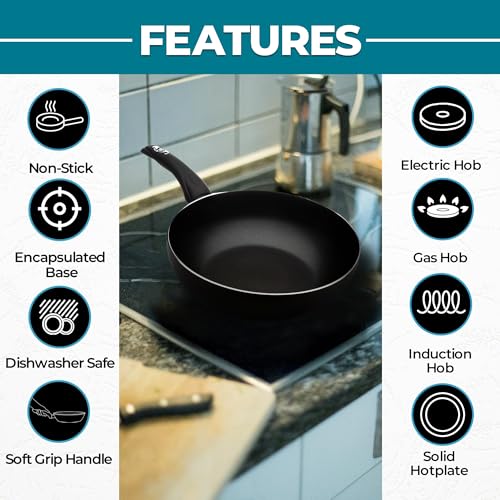 Premium 28cm Deep Wok - Induction, Dishwasher Safe, Non-Stick, Easy to Clean - PFOA Free, 4mm Thick - Hanging Hook, Suitable for Multiple Hobs - Soft Touch Handle with Flame Retardant Technology - Image 3