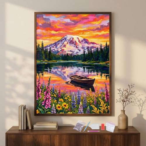 Image of HASTHIP Landscape Diamond Art Kits 5D Lake Full Round Drill DIY Gem Art Kit with Canvas and Tools for Relaxing Creative Home Decor