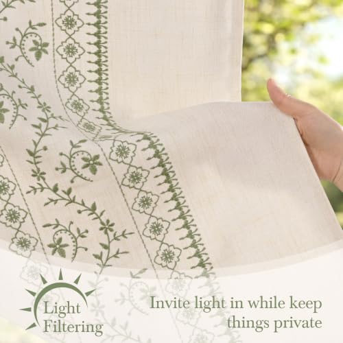 Image of Yinhua Boho Valances for Windows Sage Green Embroidered Floral Valance Curtains, Light Filtering Farmhouse Window Valances Rod Pocket Kitchen Valance Curtains for Living Room, Bathroom, 52 inch W x 18 inch L