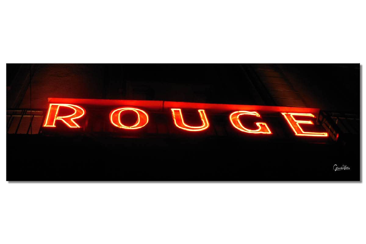 Glücksvilla - Rotes Rouge (Echtglas + Acryl 4 mm, 90 x 30 cm) | div. Maße - aus DE - Kunstdruck XXL Deko Wandbild quer - Hotel Reklame Leuchtschrift Schild Buchstabe
