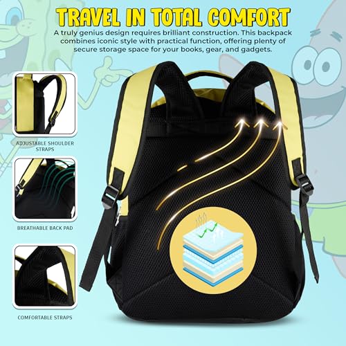 Image of AI ACCESSORY INNOVATIONS SpongeBob Square Pants Backpack for Boys & Girls, 16 inch Big Face Nylon Twill Bookbag w /Molded Hamburger Patty Dangle, Yellow