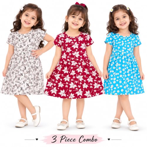 Image of Kids 3 Combo Cotton Frock for Girls | Multicolour Knitted Summer Dress | Below Knee Baby Girl Dress with Round Neck & Cup Sleeves (Random Colours)