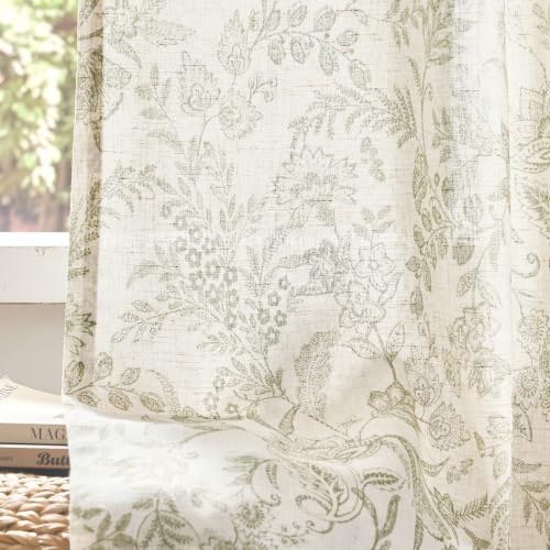 Lazzzy Green Floral Linen Curtains Farmhouse Rod Pocket 50W X 63L 2 Panels