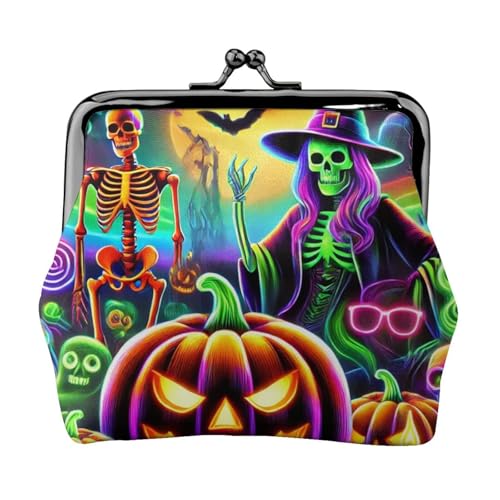 Pu Leather Buckle Coin Purse Neon-Skeletons-Bats-Halloween Girls Kiss-Lock Change Purse Wallets