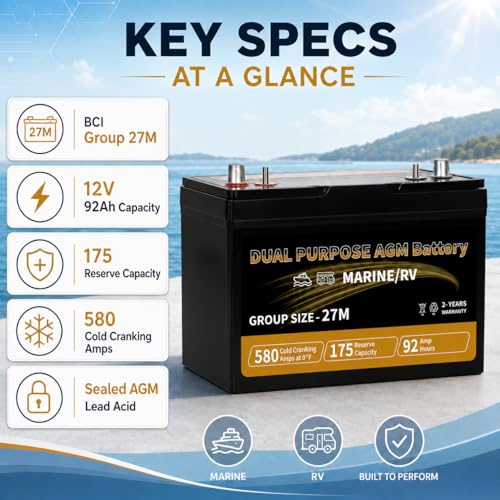 Image of Weize Dual Purpose AGM Battery BCI Group 27M, 175RC 580CCA 12V 92AH Starter & Deep Cycle Sealed Marine & RV Battery