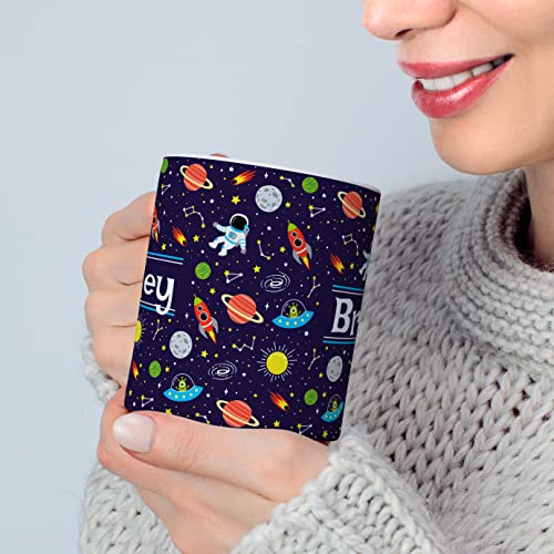 Bouncing Brick Designs Personalized Mug for Kids - Outer Space - Custom Name/Text, Ceramic Hot Chocolate/Cocoa/Coffee Cup for Boys/Girls, Birthday/Christmas/Holiday Gift - 15 oz, Red Handle
