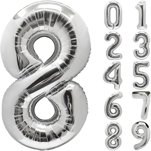 Image of Number Balloons Silver Party Balloon - Giant Number 8 Balloon, 40 Inch Large Balloon for Birthday Decorations, Silver Party Supplies for Anniversary