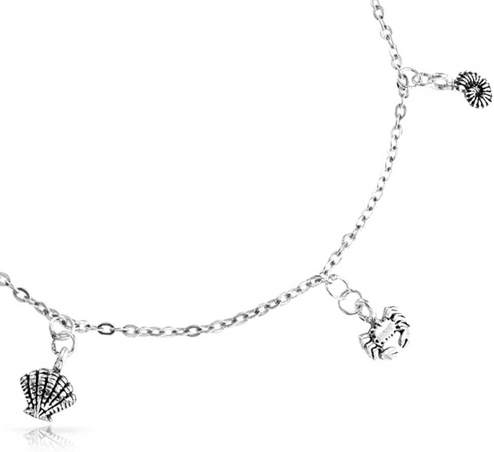 Bling Jewelry Nautical Multi Charm Dangle Starfish Crab Seahorse Seashell Anklet Ankle Bracelet For Women .925 Sterling Silver Adjustable 9 To 10 Inch With Extender