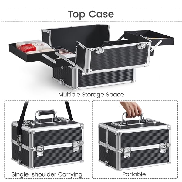 Yaheetech Valigia Trolley Trucchi Make Up 5 in 1 per Estetista Parrucchiere Professionale con Coperchio Supplementare Beauty Case Grande Porta Cosmetici da Viaggio Ruote Girevoli Nero