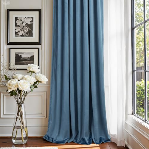 Image of Stone Blue Velvet Curtains 90 Inch Length 2 Panels Classic Solid Contemporary Coastal Thermal Insulated Room Darkening Light Blocking Window Drape for Living Room Boys Bedroom 90 Long Back Tab Pocket