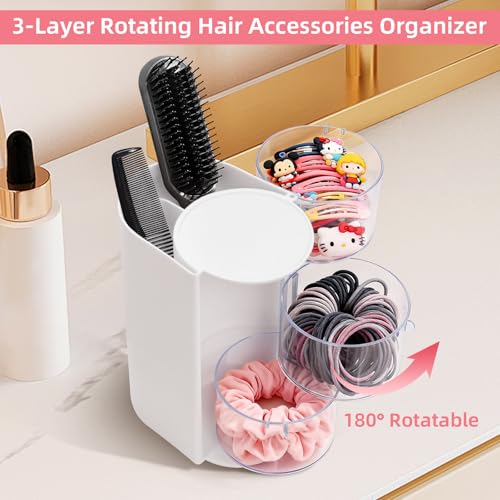 Image of neotidy Hair Accessories Organizer with Hair Brush Holder, Rotating Hair Tie Product Organizer for Girls, 3-Tier Makeup Brush Holder for Clips, Bows & Brushes (White, 3-Tier)