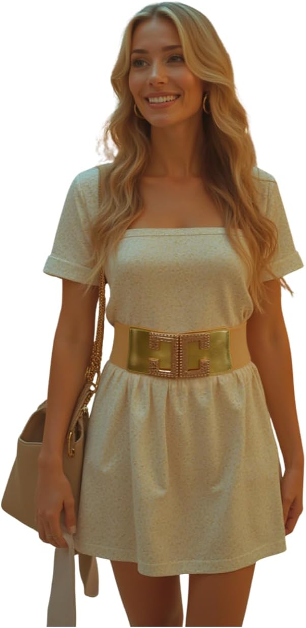 Generic Women Gold Elastic Fashion Belt - Hip High Waist Wide Faux Leather Metal C Buckle S M z084