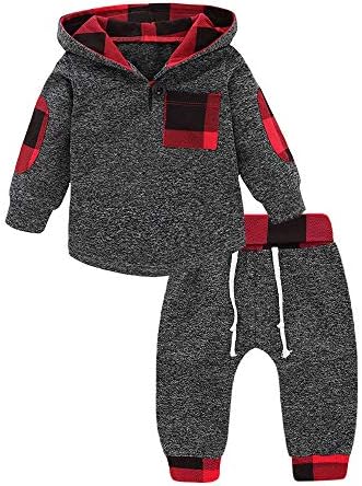 Infant Toddler Boys Girls Sweatshirt Set Winter Fall Clothes Outfit 0-3 Years Old,Baby Plaid Hooded Tops Pants (6-12 Months, Gray)