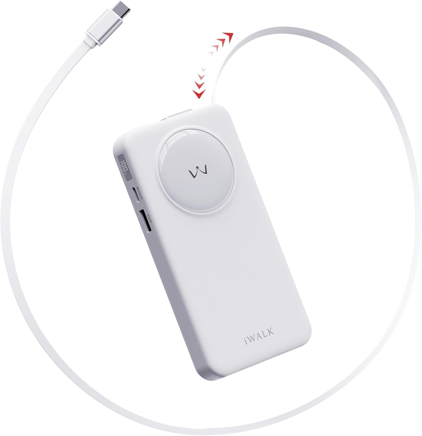 iWALK 10000mAh Slim Portable Charger, 30W PD Fast Charging Power Bank with Built-in Retractable USB-C Cable for iPhone 16/15 Series, Samsung Galaxy 25/24,Google Pixel,MacBook Air,White