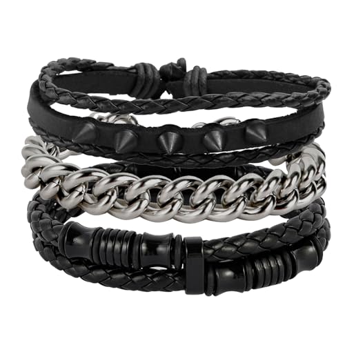 Eigso 3 Pcs Braided Rope Leather Cuff Wristbands for Man Woman Vintage 80s Black Retro Bracelets for Men Women