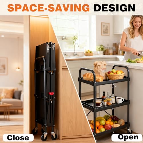 DUMOS 3-Tier Folding Utility Cart, Collapsible Service Cart with 4 Swivel Wheels & Brakes, 120LBS Capacity & Collapsible Storage Rolling Cart for Kitchen, Office, Garden, Garage, Black by DUMOS - Image 4