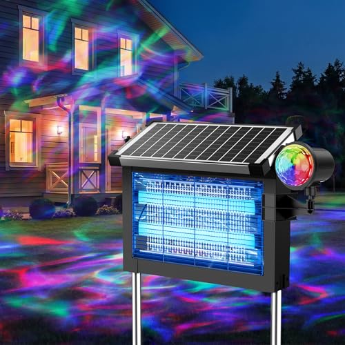 Image of Solar Bug Zapper Outdoor, Rechargeable & Solar Powered, 4500V High Voltage for Effective Mosquito & Multi-Insect, 14-Color Projector Light, Waterproof for Camping Patio Courtyard Path Outdoor