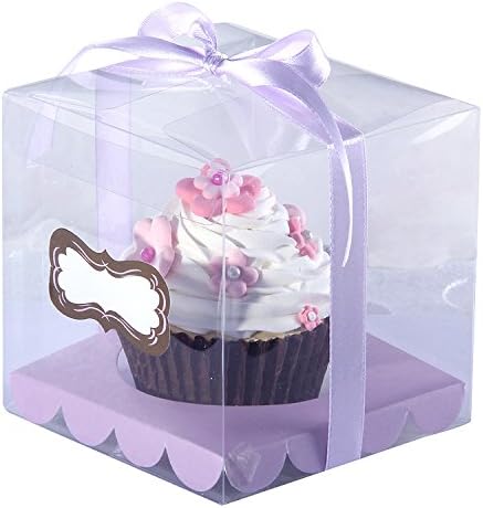 12pcs/Pack 9 * 9 * 9cm PVC Transparent Cupcake Box Clear Cake Box with Sticker and Insert Wedding Cupcake Box Mulit Colors (Purple)