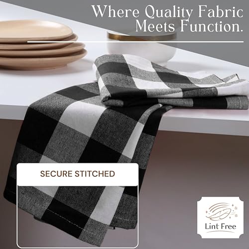 Image of Black Buffalo Plaid Kitchen Dish Towels, 4 Pack, 100% Cotton, 16x26 Inches, Super Absorbent, Quick Dry, Soft, Durable, Dish Drying & Cleaning Towels with Hanging Loop, Black & White