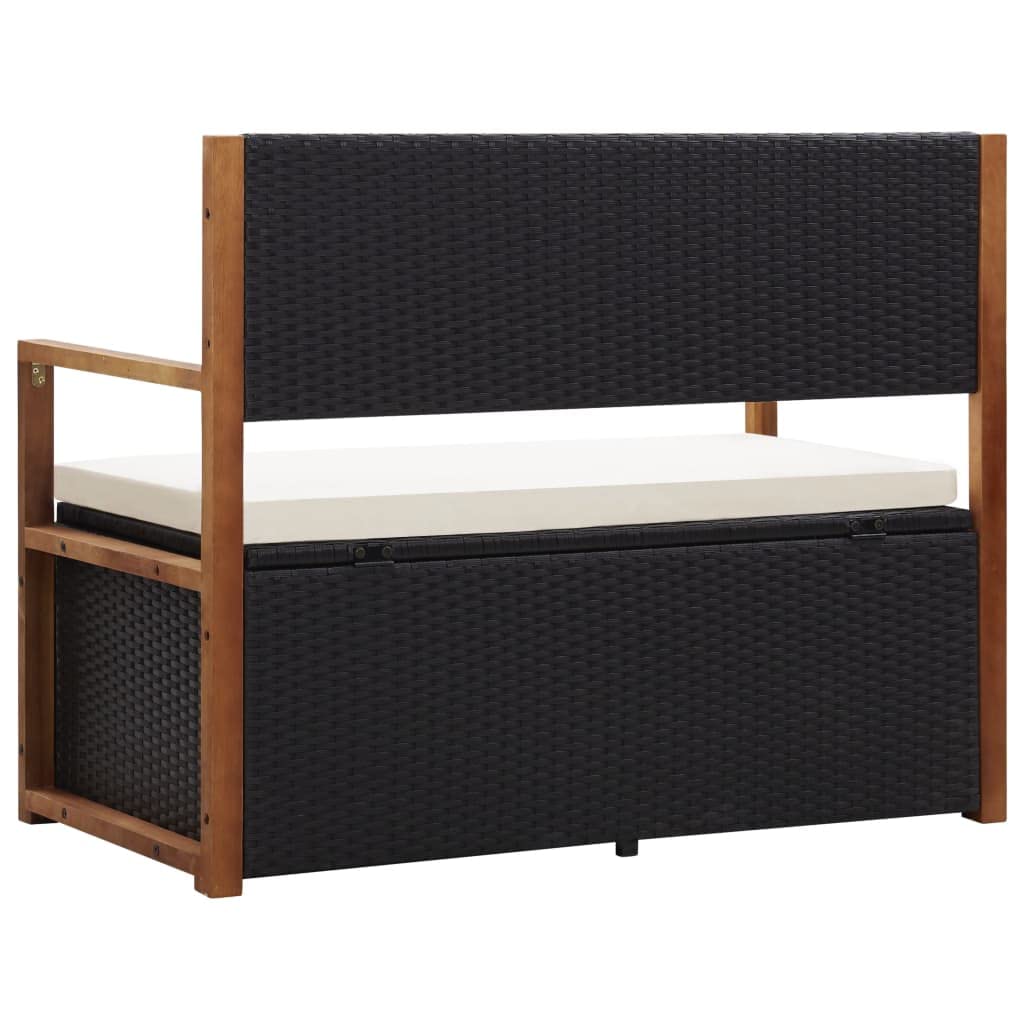 Hommdiy Akazienholz Massiv Bank mit Stauraum Sitzbank Gartenbank Gartentruhe Truhenbank Kissentruhe Kissenbox Auflagenbox 110cm Poly Rattan Schwarz/Grau (Schwarz)
