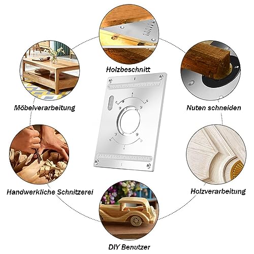 Oberfräse Einlegeplatte, Aluminium Router Tischeinsatzplatte mit Hebefunktion Oberfräse Tisch Einsatz Platte Router Einlegeplatte mit 2 Ringe für Holzbearbeitung 300 X 235 X 9.5mm