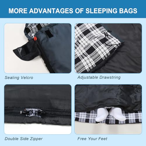 Image of Double Sleeping Bag Flannel for Adults with 2 Pillows 2 Person Sleeping Bags Camping XXL Queen Size Two Person Sleeping Bag for Cold Weather