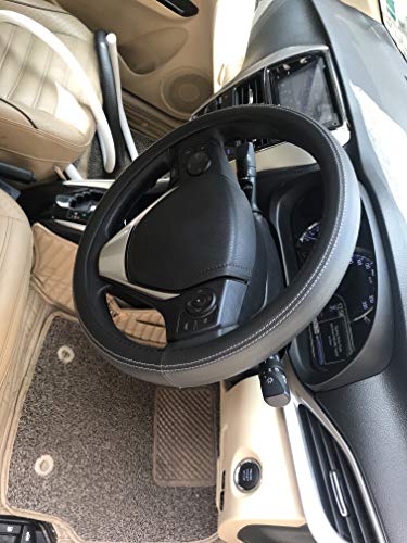 Image of Oshotto Artifical Leather SC-13 Car Steering Cover Compatible with Jaguar XJ (Black with White Thread)