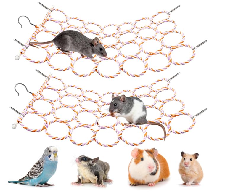 Rat Climbing Rope Net Toy for Cage, Bird Hemp Rope Perch Swing, Ladder Rope Bridge Hanging Hammock, Small Animal Activity Toy for Mouse, Mice, Parrot, Bird (2pcs)