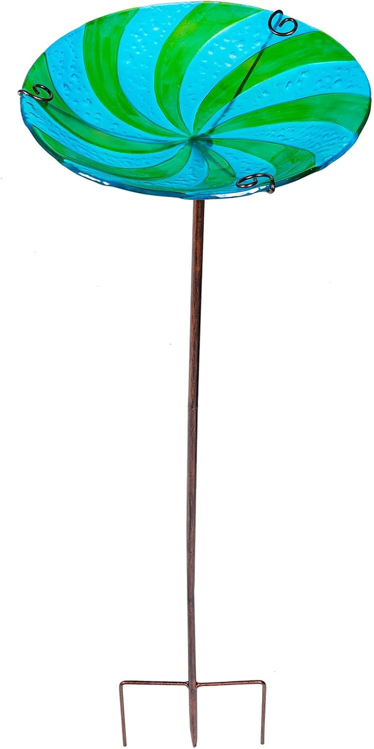 OUNONA Decorative Outdoor Bird Bath Bowl and Water Feeder Iron Craft Painted Glass Basin for Garden Patio Yard Wildlife