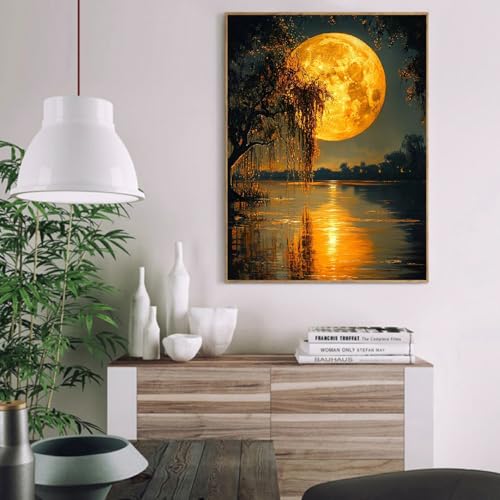 Image of Clendo DIY Moon Paint by Numbers Kit for Adults, Landscape Adult Paint by Number Kits on Canvas Without Frame, Lake View Oil Paint by Numbers for Home Decor Gift 16 inch W x 20 inchL