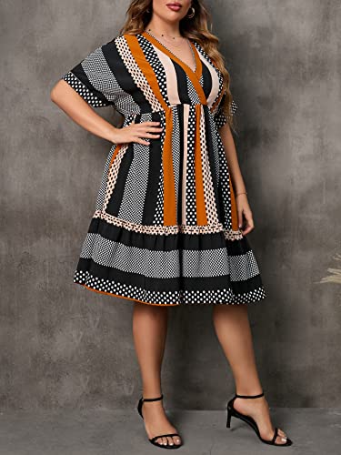 Floerns Women's Plus Size Wrap V Neck Short Sleeve Ruffle Hem A Line Short Dress Blue Polka Dots 3Xl #TOP6