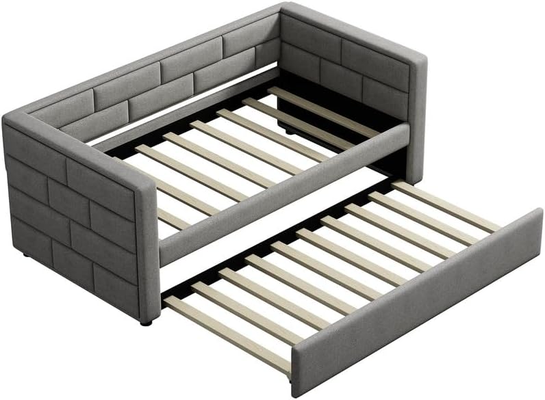 Twin Size Daybed with Trundle, Upholstered Sofa Bed Frame with with Padded Back, Armrests and Wood Slat Support, Twin Bed Frame for Guest Room, Bedroom,Living Room, Gray