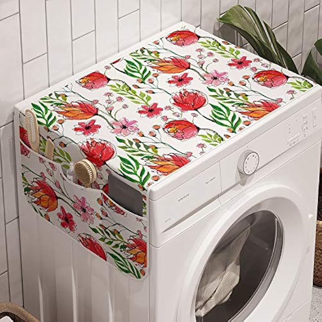 Ambesonne Grapes Washing Machine Organizer, Sketchy Fruit Drawn by Hand on a Background of Squares, Anti-slip Fabric Cover for Washers and Dryers, 47 x 18.5, Pink Grey