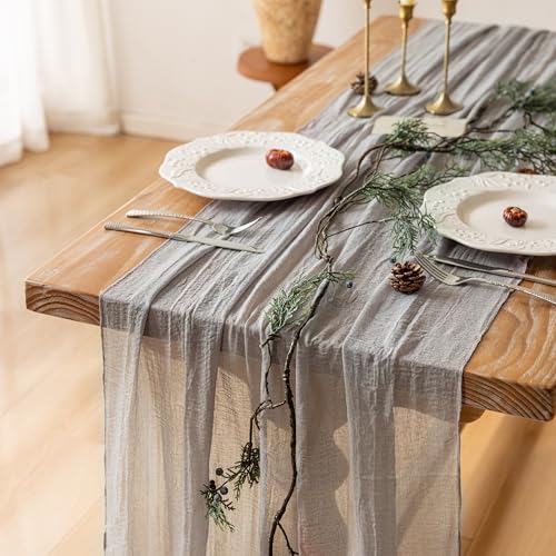 Image of Grey Cheesecloth Table Runner 120 Inches for Party Home Decorations | For Wedding Baby Shower Bridal Shower Birthday Engagement Party 10FT Rustic Boho Home Decor